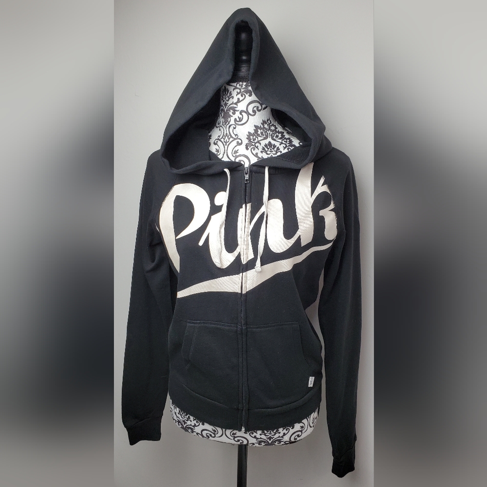 Victoria's Secret Pink Zip-Up Hoodie Black/Cream S